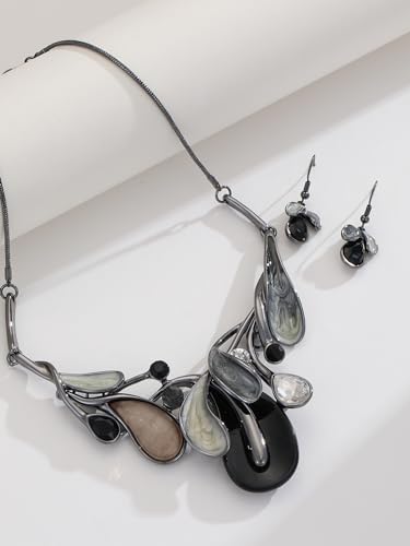 Chunky Statement Jewelry Set Vintage Retro Leaf Flower Floral Geometric Bohemian Boho Bib Necklace Earring Set Fashion Costume Jewelry for Women Girls Wedding Party Prom Unique Gift - style: teardrop leaf-black grey
