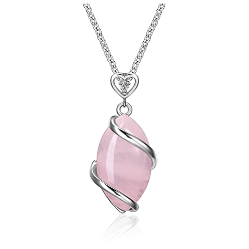 Jovivi Amethyst Rose Quartz Stone Necklace for Women Men, Full Wire Wrapped Natural Gemstone Reiki Healing Crystal Pendant Jewelry - color: Rose Quartz Crystal