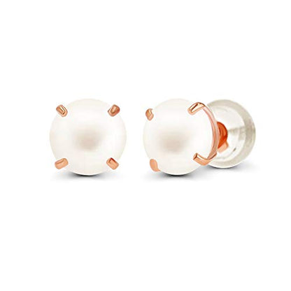 Solid 14K Yellow or White or Rose Gold 6mm Round Genuine Birthstone Gemstone Prong Set Stud Earrings For Women - color: Freshwater Cultured Pearl