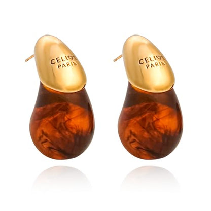 18k Gold Plated Teardrop Earrings, sterling silver post chunky resin and copper drop stud earrings, Hypoallergenic Earrings Jewelry Gift - color: Tan
