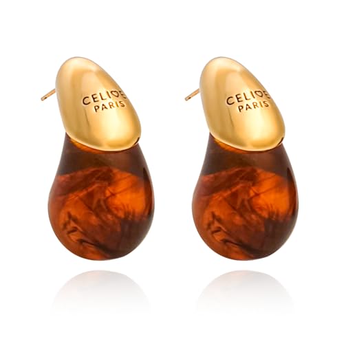 18k Gold Plated Teardrop Earrings, sterling silver post chunky resin and copper drop stud earrings, Hypoallergenic Earrings Jewelry Gift - color: Tan