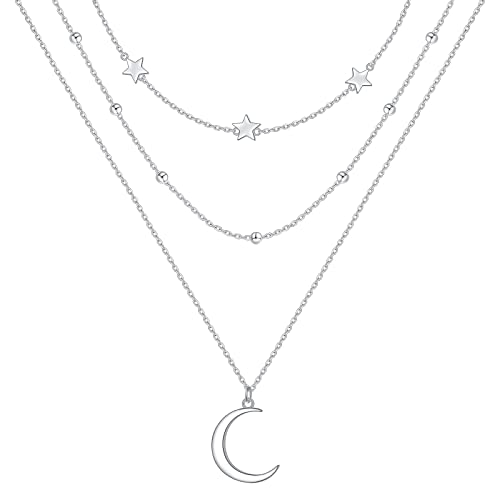 925 Sterling Silver Multilayer Layered Triple Long Chain Necklace for Women - style: Moon Star
