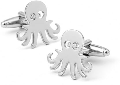 Men’s Octopus Cufflinks – Stainless Steel Ocean-Themed Cuff Links with Gift Box & Polishing Cloth – Available in Silver & Gold - color: steel