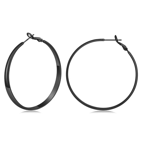 Gacimy 5mm Wide Gold Hoop Earrings for Women, 14K Gold Plated Hoops with 925 Sterling Silver Post, Hypoallergenic Earrings for Women - color: Black, size: 50mm