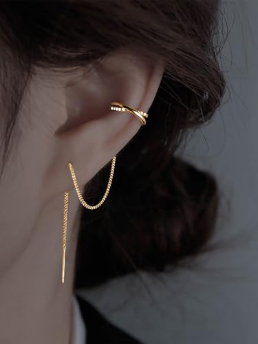 Long Chain Cuff Earrings Gold Silver Wrap Tassel Earrings Minimalist Cz Round Stud With Chain Cuff Double Piercing Jewelry Statement Fake Earrings for Women - color: style1-gold-2pcs
