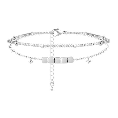 Gold/Sterling Silver Anklet Bracelets for Women Waterproof, Non Tarnish 925 Sterling Sliver Plated Heart Evileye Butterfly Charm, Dainty Summer Beach Anklets for Women, Beach Vacation Bikini Outfits for Her Mom - style: Beaded-Silver