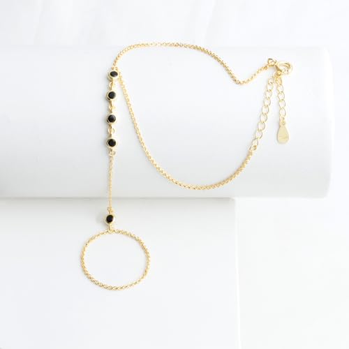 Kakikaki 925 Sterling Silver Finger Ring Bracelet Hand Chain for Women | Slave Bracelets 7" to 9" Adjustable - color: Gold, style: 5 Black