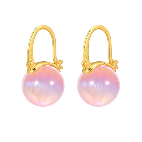 HUGE TOMATO 925 Sterling Silver Simulated Shell Pearl Earrings for Women Trendy, Big Pearl Drop Earrings Leverback Stud,18K Gold Plated Large Pearl Hoop Dangle Hypoallergenic Jewelry 14mm - color: Pink Opal-12mm