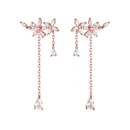 SLUYNZ 925 Sterling Silver Dainty CZ Flowers Wrap Earrings Dangle Chain for Women Elegant Dangling Earrings Bridal Earrings Wedding Engagement Drop Earrings Prom Engagement Party Jewelry - color: B-Rose Gold Plated
