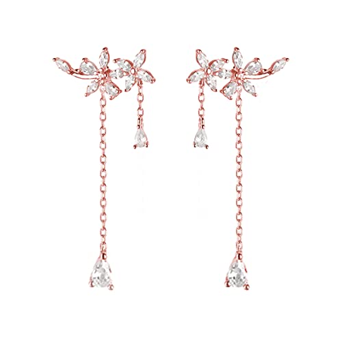 SLUYNZ 925 Sterling Silver Dainty CZ Flowers Wrap Earrings Dangle Chain for Women Elegant Dangling Earrings Bridal Earrings Wedding Engagement Drop Earrings Prom Engagement Party Jewelry - color: B-Rose Gold Plated