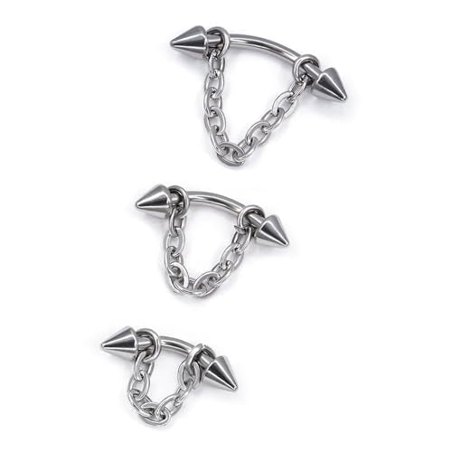 3 Pcs 316L Stainless Steel 16G Tragus Helix Rook Piercing Jewelry with Chain, Cartilage Earrings for Women, Belly Button Ring Vertical Labret Lip Piercing Jewelry - color: Silver, size: Cone