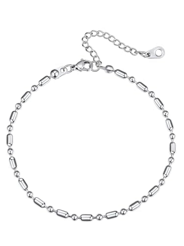 Richsteel Anklets for Women Cuban/Figaro/Spiga Wheat Chain Stainless Steel/18K Gold Plated Ankle Bracelet Beach Waterproof Foot Jewelry - color: Silver-Ball/Long Beaded Anklet