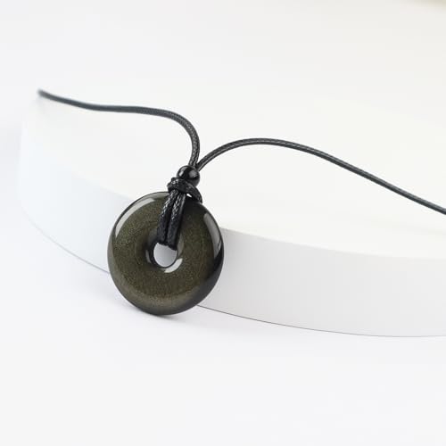 Anjiucc Natural Gemstone Pendant Necklce Lucky Coin Crystal Necklace Donut Pendnat with Adjustable Rope Healing Crystal for Men - color: Gold Sheen Obsidian