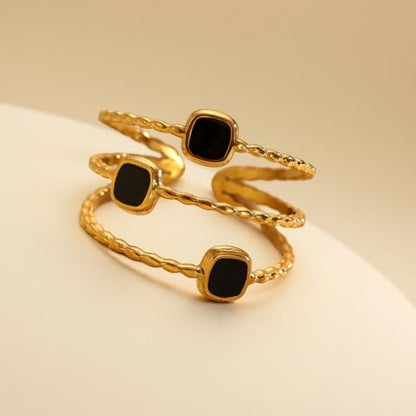 Layered Open Statement Ring Enamel Square Geometric Rings for Women Stainless Steel 18K Gold Plated Adjustable Finger Bands Stackable Comfort Fit Wedding Engagement Fashion Jewelry - color: Black