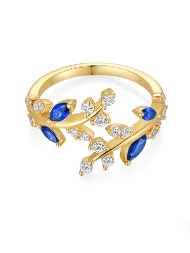 Silver Leaf Ring for Women 925 Sterling Silver Yellow Gold Plated CZ Inlaid Marquise Sapphire/Ruby/Emerald Cocktail Rings Size 6 to 10 - color: Sapphire - Gold