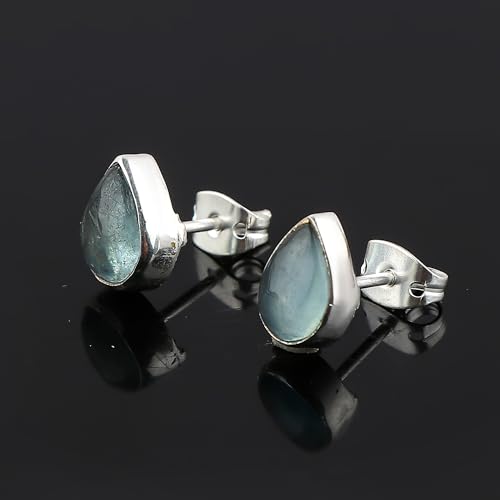Aquamarine Birthstone Crystal Stud Earrings Pair for Women, Pear Cabochon, Healing Earrings Set, Women Jewelry, Dainty, Hypoallergenic Silver Plated (1 Pair) (8x6mm Stone)