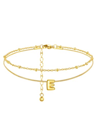 ChainsProMax Initial Ankle Bracelets for Women, Waterproof Anklets Bracelet Adjustable Summer Beach Women Foot Jewelry, Stainless Steel/Gold Plated-Send Gift Box/Letter A-Z - color: Gold Plated-E