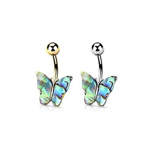 Pierced Owl - 14GA Abalone Shell Covered Butterfly 316L Surgical Stainless Steel Navel Belly Button Ring - style: Steel