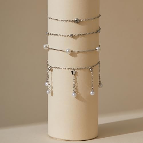 LOFITOR Anklets for Women Ankle Bracelet Charm Link Chain Set Foot | Waterproof Dainty Cz Evil Eye Beaded Anklets Adjustable Beach Foot Jewelry Feet Chains, Summer Beach Foot Jewelry Gifts - style: Pearl Silver