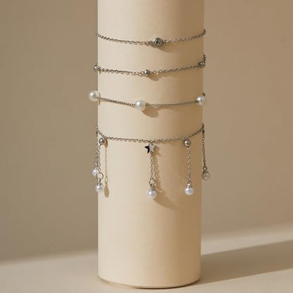 LOFITOR Anklets for Women Ankle Bracelet Charm Link Chain Set Foot | Waterproof Dainty Cz Evil Eye Beaded Anklets Adjustable Beach Foot Jewelry Feet Chains, Summer Beach Foot Jewelry Gifts - style: Pearl Silver