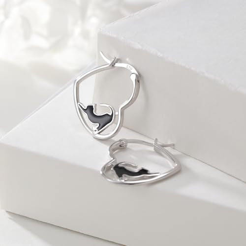 LES OSEWA Dog Animal Earrings Sterling Silver Animal Heart Hoop Dangle Earrings Cute Jewelry Gifts for Women - color: Black Cat