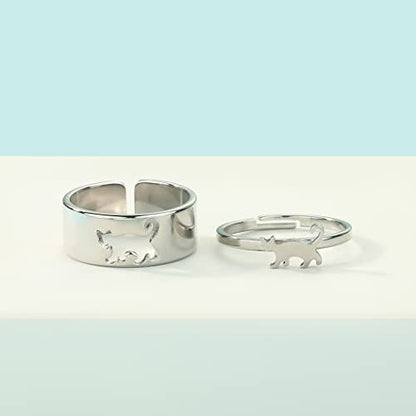 2PCS Matching Cute Animals Promise Engagement Rings for Couples Men Women Jewelry Band Sets 316L Stainless Steel Adjustable Open Ring - color: Cat-s