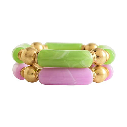 LALAPPLE Gold Plated Beaded Acrylic Bamboo Tube Bangle Bracelets for Women, Colorful Chunky Curved Tube With Gold Plated Pieces Beads Stretch Bracelet Friendship Summer Beach Jewelry - color: T-Light Green&Light Purple 2pcs