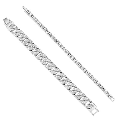 HH BLING EMPIRE 14K Gold and Silver Bracelets Diamond Tennis and Cuban Link Bracelet for Men Women Hip Hop Jewelry - color: Set B-Silver, size: 8.5"