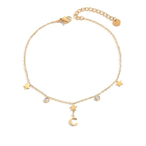Initial Anklet for Women, 18K Gold Plated Waterproof Ankle Bracelet, Star CZ Letter A-Z Personalized Beach Foot Jewelry - color: C