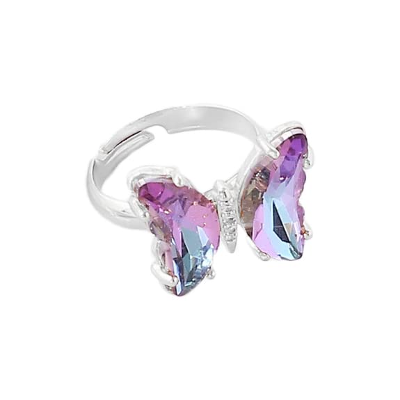 8 Pcs Gold Plated 3D Butterfly Rings Acrylic Adjustable Open Colorful Crystal Bowknot Shaped Band Rings for Women Girls Finger Jewelry - color: mix silver