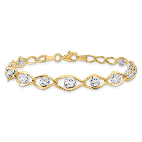 Diamond2Deal 14K Two-tone Gold Polished with Diamond-cut Beads Fancy Bracelet 7.5"
