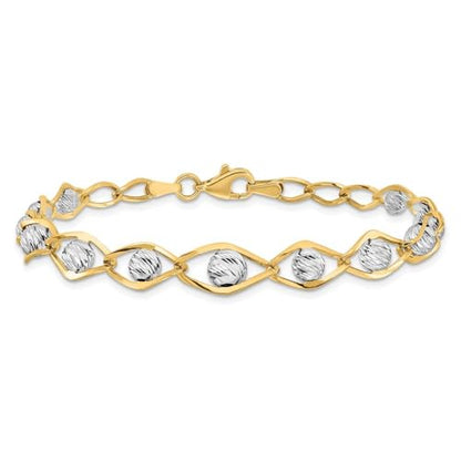 Diamond2Deal 14K Two-tone Gold Polished with Diamond-cut Beads Fancy Bracelet 7.5"
