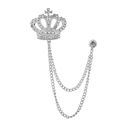 Rhinestone Crown Long Chain Brooch.Gold Silver Tassel Brooch Pin,Retro Crystal Suit Pins Collar Coat Pin for Men's Accessories Pin Husband Gifts - color: Silver 2