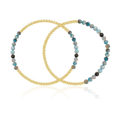 Kainier Gold Beaded Bracelets for Women 2Pairs 14K Gold Plated Stretch Bracelet Set Stackable Tarnish Dainty Natural Stone Bead Bracelets Gift - color: Turquoise