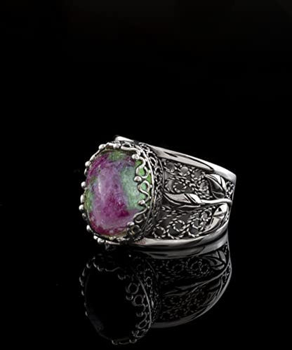 Filigranist 925 Sterling Silver Filigree Art Lace Embroidery Tulip Detailed Gemstone Women Cocktail Ring, Luxurious Gift Boxed - color: Ruby Zoisite