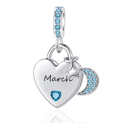12 Months Birthstone Heart Charm Moon and Star Pendant Bead Compatible with Pandora Bracelet Women - style: March
