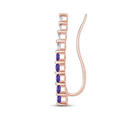 Floating Curved Bar One Piece Left Ear Crawler Earrings With Birthstone | White CZ In 14K Yellow Gold Over Sterling Silver - color: Simulated Amethyst