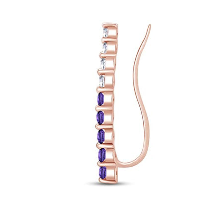 Floating Curved Bar One Piece Left Ear Crawler Earrings With Birthstone | White CZ In 14K Yellow Gold Over Sterling Silver - color: Simulated Amethyst