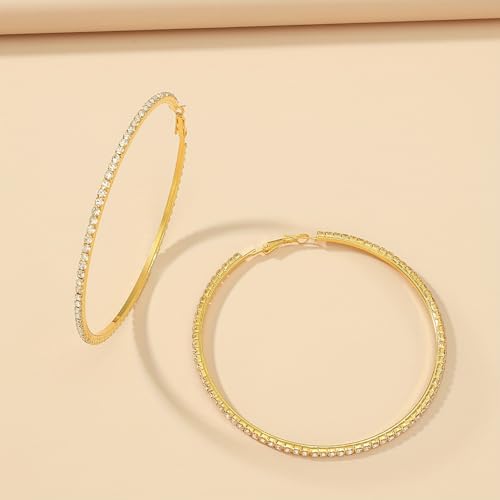 Oversized Silver Rhinestone Hoop Earrings for Women Large Sparkle Crystal Circle Dangle Statement Fashion Jewelry Accessory Party Night Gift
