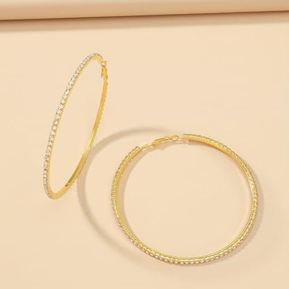 Oversized Silver Rhinestone Hoop Earrings for Women Large Sparkle Crystal Circle Dangle Statement Fashion Jewelry Accessory Party Night Gift
