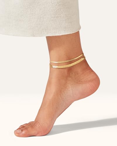Robaice Adjustable Ankle Set for Women Waterproof, 14K Gold Plated | Layered Cuban, tennis, herringbone and clover chain styles, waterproof and non-tarnish for everyday wear or gifting - color: Herringbone - Gold (2pcs)