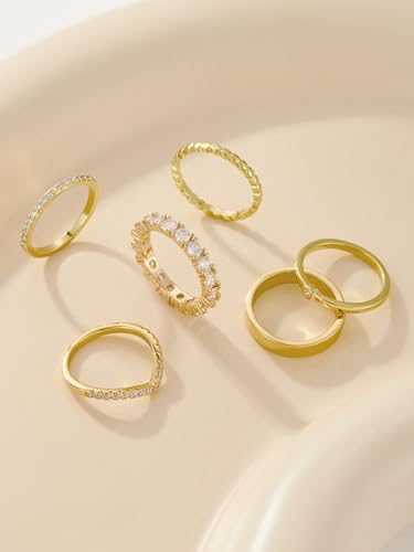 Stackable Gold Rings for Women Non Tarnish Dainty 14K Gold Plated Band Rings Cubic Zirconia Thumb Ring Trendy Statement Stacking Rings Set Promise Wedding Bands Engagement Rings Size 6-10 - color: 14K Gold Plated
