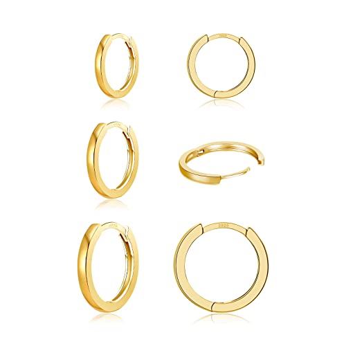 3 Pairs 925 Sterling Silver Small Huggie Hoop Earrings for Women Men | 14K White Gold Plated, Hypoallergenic, Small Silver Hoops - color: B-Gold 8/10/12mm