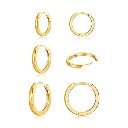 3 Pairs 925 Sterling Silver Small Huggie Hoop Earrings for Women Men | 14K White Gold Plated, Hypoallergenic, Small Silver Hoops - color: B-Gold 8/10/12mm