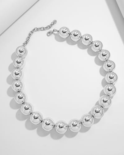 Chunky Beaded Choker Necklace for Women Boho Statement Necklace with Large Pearl Blue Brown Tone Resin Beads Summer Beach Jewelry Gifts - color: Silver
