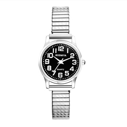 Avaner Stretch Band Wrist Watches: Elastic Strap Bangle Big Number Easy Reader Analog Quartz Wristwatch for Men Women - color: Silver Band Black Dial (for women)