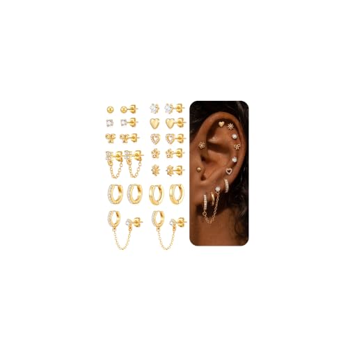 Hypoallergenic Small Gold Stud Earrings for Women 14K Gold Plated CZ Chain Hoops Hypoallergenic Earrings Dainty Clover Flower Heart Bow Stud Earrings for Jewelry Gift - color: gold