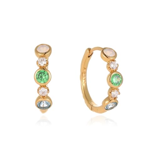 ARSIS Bubble Huggie Hoop Earrings for Women with Cubic Zirconia, Platinum/18K Gold Plated Bezel Hoop Earrings with Opal, Hypoallergenic Lightweight Jewelry, Clear/Ruby/Emerald Green/Aqua/Sapphire/Pink - color: Emerald & Diamond(White Opal)