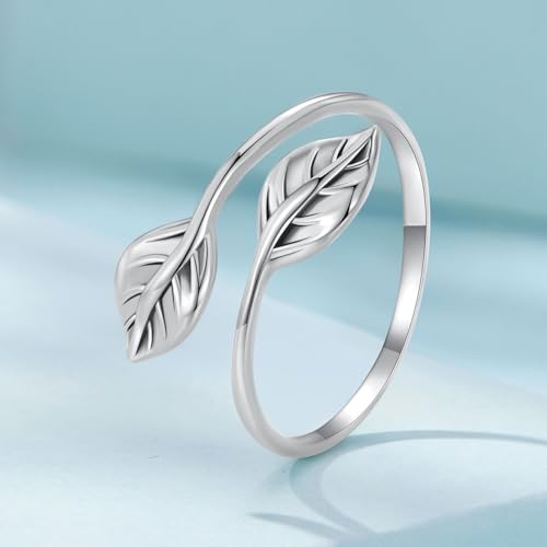 MUNDELL 925 Sterling Silver Simple Multi-layer Leaf Adjustable Ring Green Lucky Leaves Statement Ring for Women Promise Ring Fine Jewelry - color: Leaves