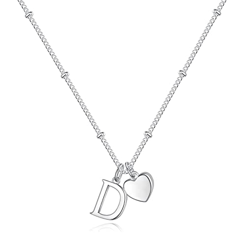 Heart Initial Necklaces for Girls, Letter A-Z Silver Necklace | Silver Plated, Heart Initial Necklaces for Girls, Necklace for Women, Teen Girl Gifts, Dainty Heart Necklaces, Birthday Gifts - color: D
